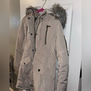 NWT neutral colored puffer long jacket with removable fur
